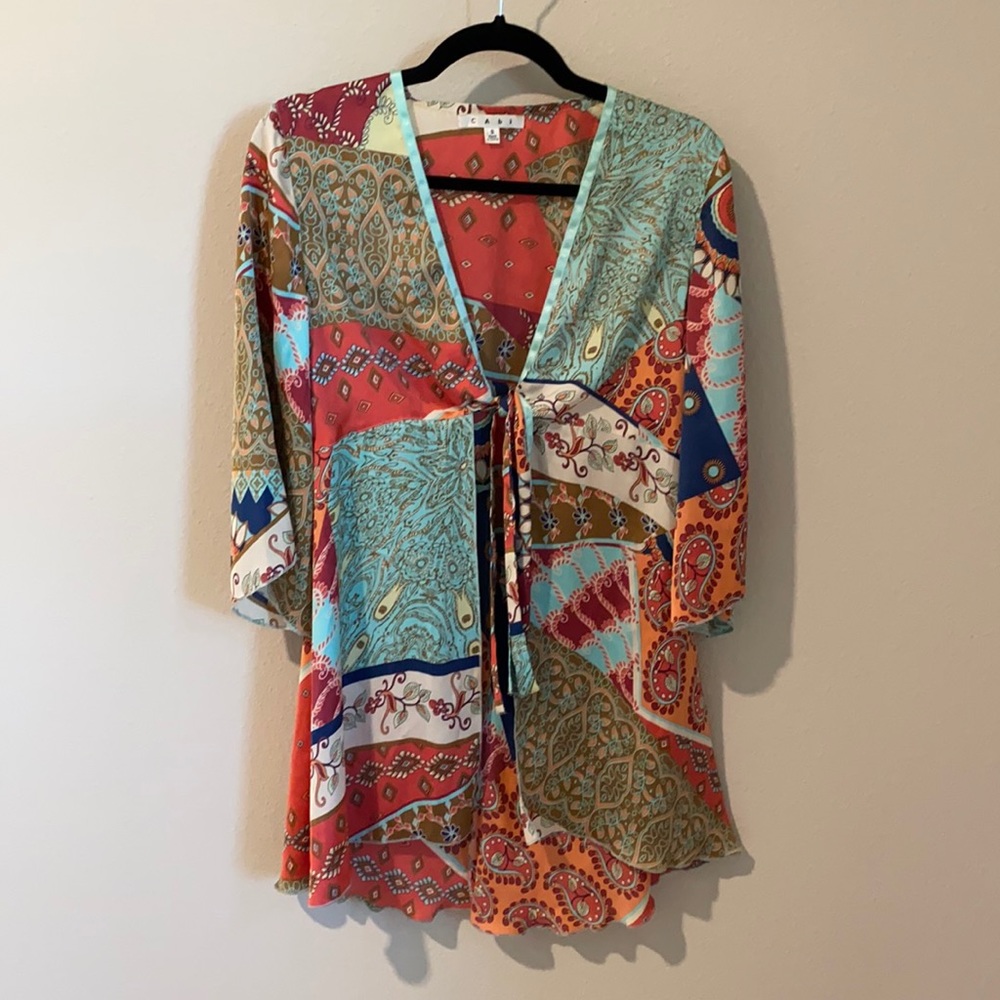 CABI Boho Tie Front Patchwork Kimono/Swim Coverup 3/4 sleeve Sz S